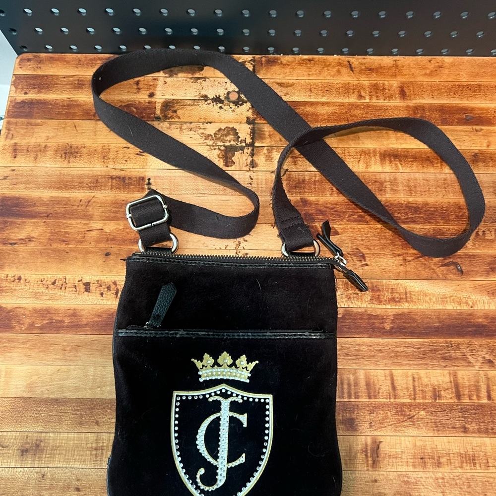 Vintage Juicy Couture Black Crossbody with Rhinestone Crown and Logo y2k